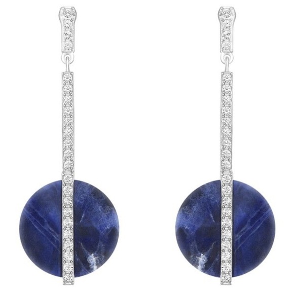 NWOT Blue & Silver Swarovski Disk Pierced Earrings White Rhodium-Plated - Picture 1 of 9